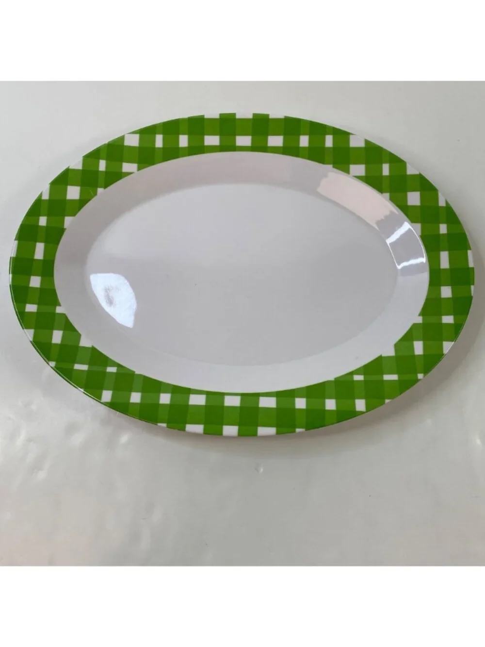 Oval Melamine Summer Serving Platter Green White Checkerboard Pattern
